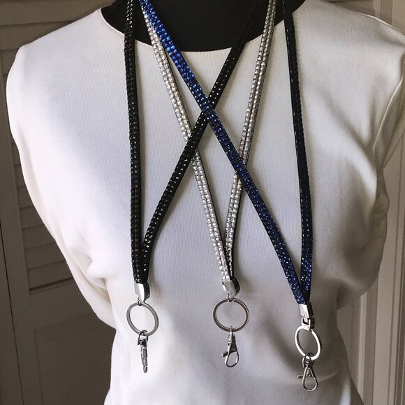 💎 3-Pack Rhinestone Lanyard Bundle — Silver, Blue & Black Sparkle – NWOT - Picture 8 of 9